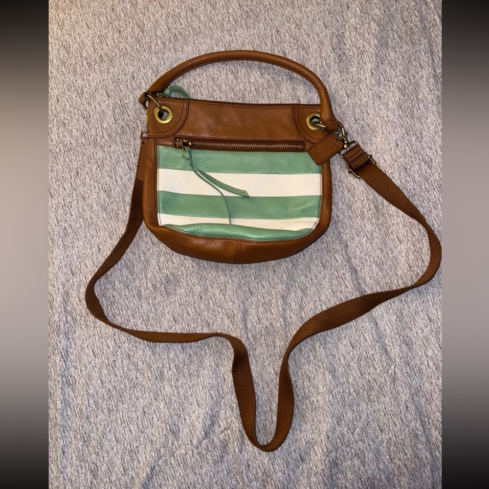Fossil Leather Patch Convertible Hobo Winter Green & White Stripped Crossbody